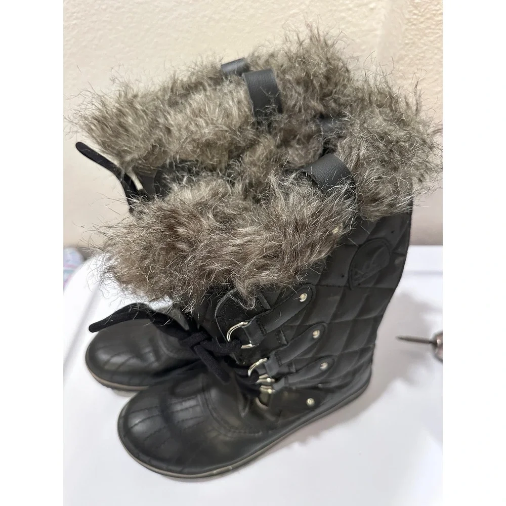 Sorel Winter Snow Boots Quilted Faux Fur Trim Lace‎ Up Black